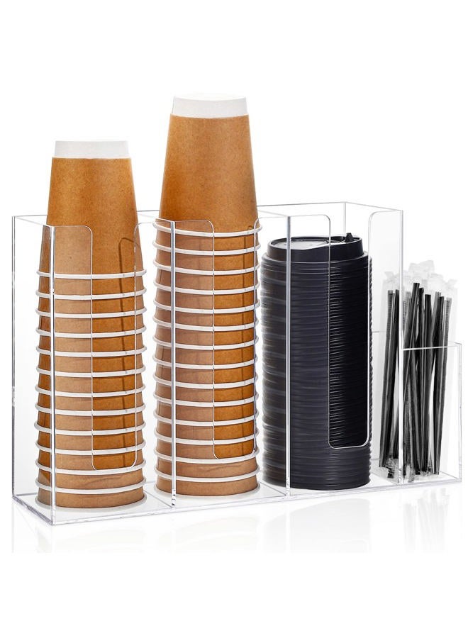 Cunhill 4 Compartment Acrylic Coffee Cup Organizer Holder, Clear Plastic Cup and Lid Storage, Countertop, Modern Style, Transparent, 38 x 10.5 x 24 cm, Ideal for Kitchen, Restaurants, Lounges - Image 1